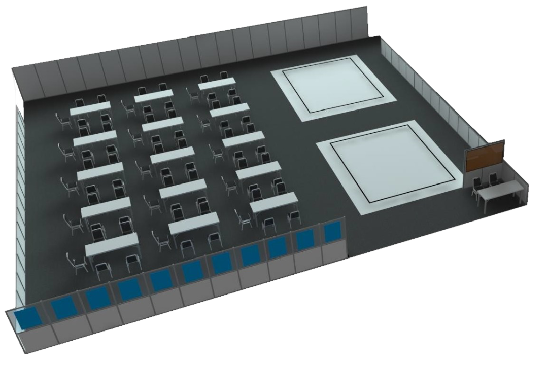 Exemplary venue layout of team area with practice stages, work tables, and reception desk