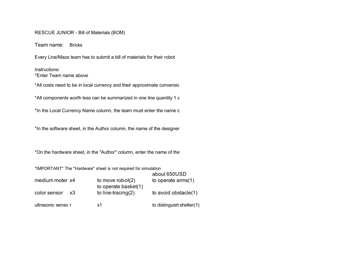 Bricks — Bill of materials, page 1 of 5