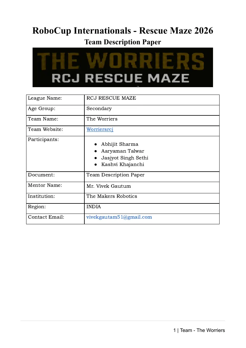 The Worriers — Team description paper, page 1 of 16